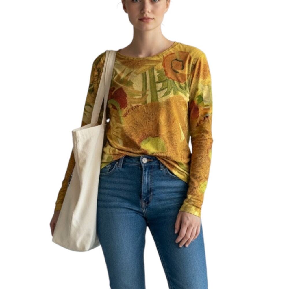 Van Gogh Sunflowers Art Print Long Sleeve Stretch Knit Top Museum Merch M